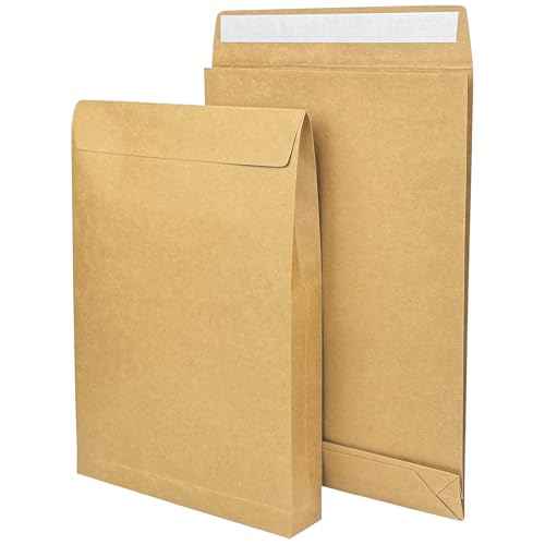40 Pack Expandable Large Kraft Envelopes, 9.3" x 13" Big Mailing Envelopes Self Seal Anti Tear Catalog Envelopes for Business Office Paper Documents File Storage - Brown