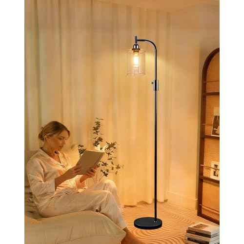 Lightdot 63IN Glass Floor Lamp for Living Room, Dimmable Modern Standing Tall Lamps with Clear Glass Lampshade, Mid Century Industrial Floor Lamp with 3000K Warm White for Bedroom Office-Black