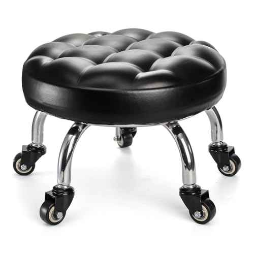 Round Low Rolling Stool, PU Leather Roller Stool Seat, 360¡Æ Swivel Low Stool with Caster Wheels, 9" Low Height Rolling Chair for Garage, Home, Office, Shop