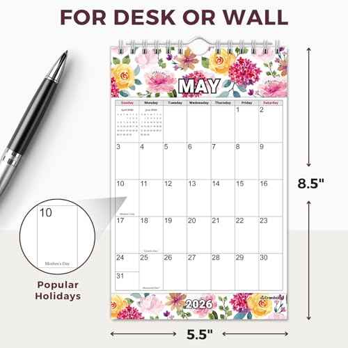 CRANBURY Small Wall Calendar 2025-2026, 5.5x8.5 (Floral), Mini Monthly Hanging Calendar for Bulletin Board, or Notepad Desk Planner, 14 Months Nov 2025-Dec 2026, Includes Stickers
