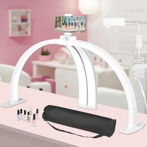 KIRKAS Foldable Esthetician for Half Moon Light Nail Tech for Lash, Craft, Tattoo, Manicure, 29in Large Nail Desk Lamp 4700 Lumens Adjustable 3 Color Modes & 10 Brightness with Phone Stand-White