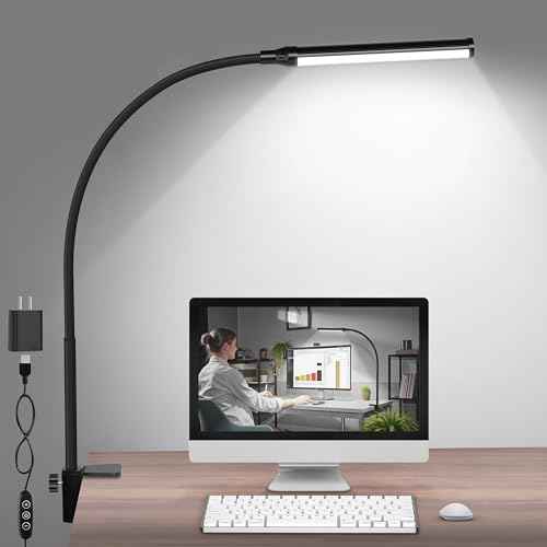 ShineTech LED Desk lamp with Clamp, 5000K Daylight White 11 Brightness Level Eye-Caring Clip Lights for Home Office, Flexible Gooseneck USB Adapter, Black