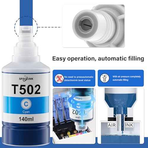 502 Ink Refill Bottles for Ecotank ET-2760 ET-4760 ET-2850 ET-3760 ET-3850 ET-4850 ET-2750 ET-4750 ET-3750 ET-3710 ET-3830 ET-15000 ET-3700 ET-2700 ET-2980 ET-2988 Printer 140ml 5 Bottles(2BK C M Y)