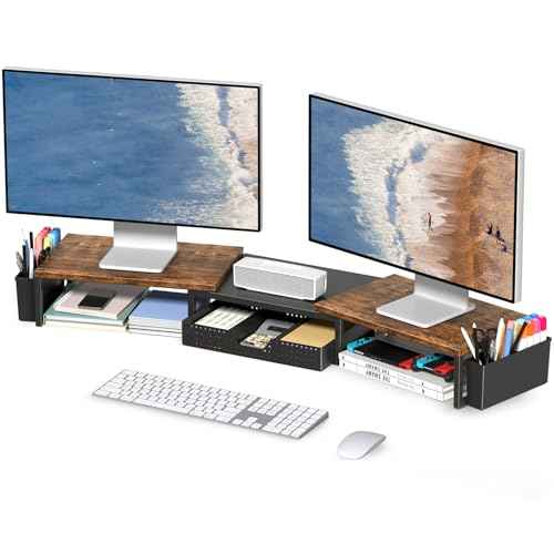 Desk Dual Monitor Stand Riser - Desk Organizer with Drawer and Pen Holders, Office Desk Accessories & Workspace Organization, Computer Monitor Stand for Laptop, Printer, TV, Office Decor, Wood