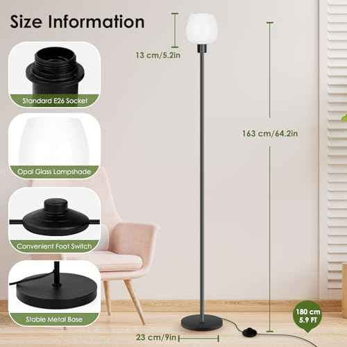 Floor Lamp for Living Room with 3 Color Temperatures, Standing Lamp with White Opal Glass Lampshade, Modern Tall Lamp with Foot Switch, Pole Lamp for Office Bedroom Dining Room, 9W LED Bulb Included