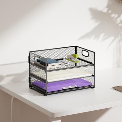 Marbrasse Black 3-Tier Mesh Paper Organizer Letter Tray with Handle, Desk File Storage