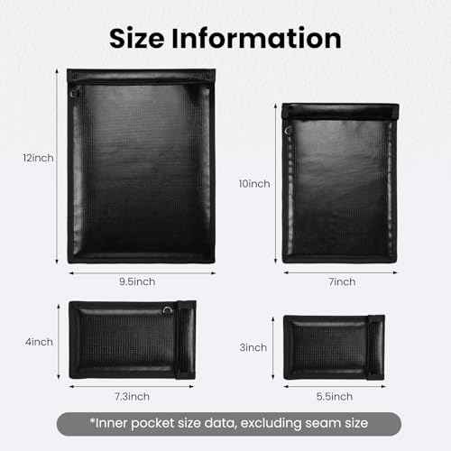 Faraday Bags, Anti-Tracking Faraday Cage, Set of 4 Sizes for Laptops, Tablets, Phones and Car Keys, RFID Signal Blocker Pouch, Fireproof & Waterproof (Black)