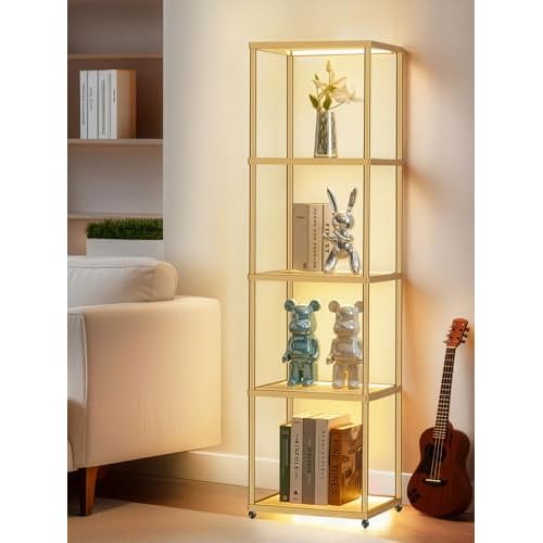 MANBUR Display Shelf with Dimmable LED Floor Lamp, Display Cabinet with Glass Bookcase, Home Decor, Bedroom Decor, Bookshelf with Light, Open Book Shelf with 5-Tier Shelf for Living Room Decor Gold