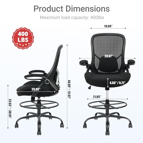 HYLONE 400lbs Big & Tall Drafting Chair Black – 5" Thick Seat, 44-52" Height, Flip-Up Armrests, Lumbar Support, Adjustable Footrest, 28" Base