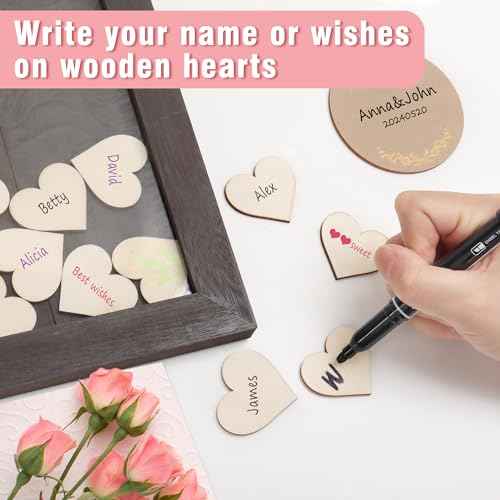 SELEAD Solid Wood Wedding Guest Book Alternative - Rustic Drop Top Picture Frame Sign with Chalkboard, 100pcs Wooden Hearts, Storage Box - Wedding Reception for Party Anniversary Birthday