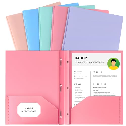 Habgp 5 Pack Pastel Plastic Pocket Folders with Prongs - 11x9.35 Inches, Color-Coded Office & School File Organizer (Variation of 1 set, 5 pcs)