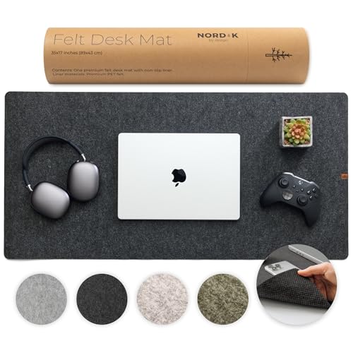 Nordik Felt Desk Mat Large Charcoal 35x17 Inches - Office Desk Pad with Leather Logo