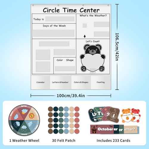Circle Time Learning Center Pocket Chart for Classroom, Dry Erase Alphabet & Number Flash Cards, Write ABC Letter Tracing Writing Practice Games for Kids, Learning Weather Counting Color Shape