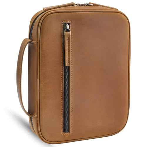 Jack&Chris Full Grain Leather Bible Covers, Church Bag Bible Protective Book Holder, Large Bible Cover for Men Women, Bible Carrying Case Folder Organizer with Handle, Christian Art Gifts, Brown