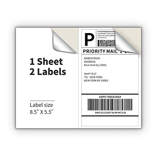 KKBESTPACK 200 Half Sheet Shipping Labels for Laser & Inkjet Printers – White Self-Adhesive Mailing Labels 8.5 x 5.5, 2 Labels per Sheet