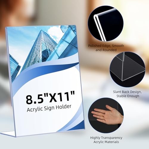 12 Pack Acrylic Sign Holder 8.5 x 11, Clear Plastic Display Stands for Tabletop, L-Shape Acrylic Stands for Flyers, Documents, Office, Restaurants, Vertical Sign Holder 8.5x11 for Desktop