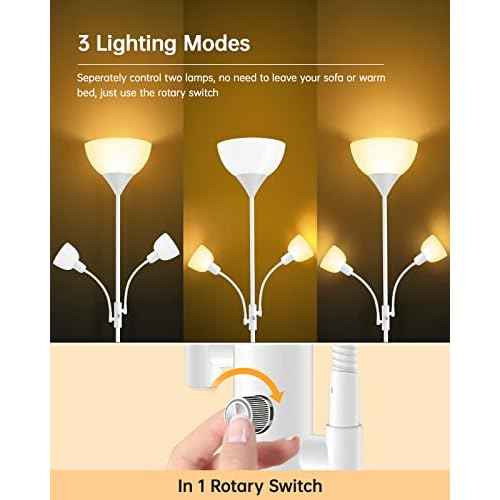Floor Lamp, Torchiere Floor Lamps for Living Room, 71 Inch Tall Standing Lamp, Bedroom Lamps with Gooseneck Light, Rotary Switch, 3 Plastic Lampshade, Torch Floor lamps for Bedroom (White, No Bulb)