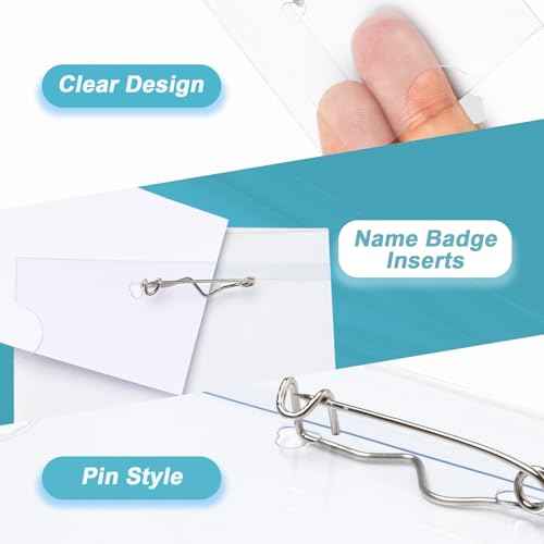 Anjmd 50 Pieces Pin Style Name Badge Holders Name Tags with Pins Clear Plastic Name Tag Holder Name Badge Holders with 50 Pcs Inserts Fit Card (3.58x2.16 inch)