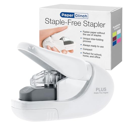 Plus Paper Clinch Compact Staple-Free Stapler, Ivory White - Hand Variation