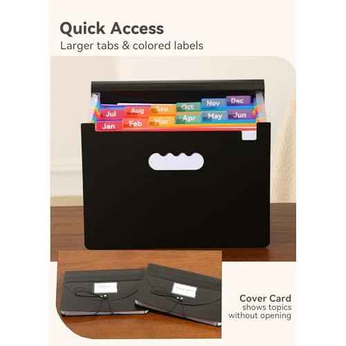 Accordion File Organizer 12 Pockets, Monthly Bill Receipt Tax Organizer, Expanding File Folders with Larger Bright Tabs, Fits Letter/A4 Size - Black