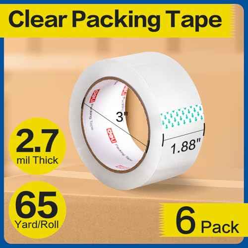 deli Heavy Duty Packing Tape 6 Rolls, Clear Packing Tape for Shipping Packaging Moving Sealing, 2.7mil Thick, 1.88 inches Wide, 65 Yards Per Roll, 390 Total Yards