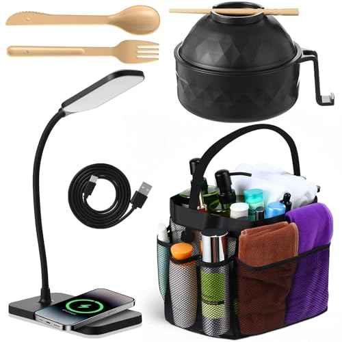 3 Pack College Dorm Essentials Set with 1 Pack 8-Pocket Mesh Shower Caddy Portable, 1 Foldable LED Desk Lamp with Type-c Charging Port, 1 Ramen Cooker Set for College Dorm Room Home Office