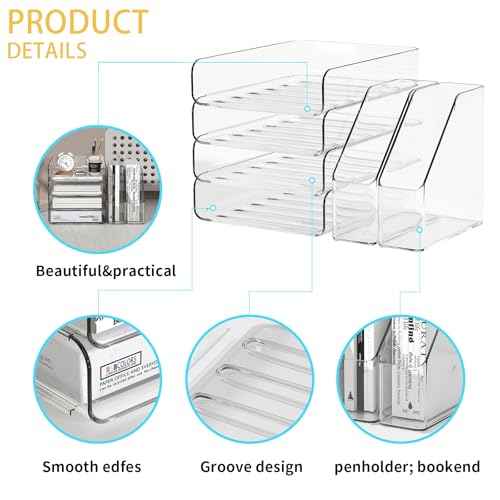 4-Tier Brown Acrylic Paper Tray Organizer for Desk + 2 Bookends ? Stackable Letter Tray, Acrylic Desk Accessories/File Organizer, Office Paper Organizer