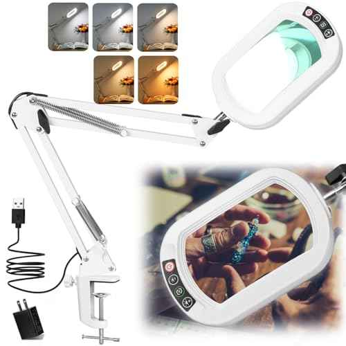 10X Rectangle Magnifying Glass with Light, 5 Color Modes Stepless Dimmable Magnifier with Stand, LED Lighted Clamp Desk Lamp with Swing Arm, Hands Free for Reading Painting Close Work - White