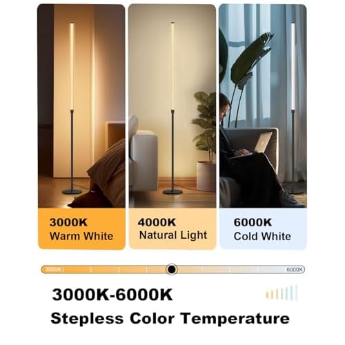 Minimalist Corner Floor Lamp - 3000K-6000K LED Linear Standing Lamp - Dimmable Modern Floor Lamp with Remote & Foot Switch for Living Room, Bedroom -12W (Black)