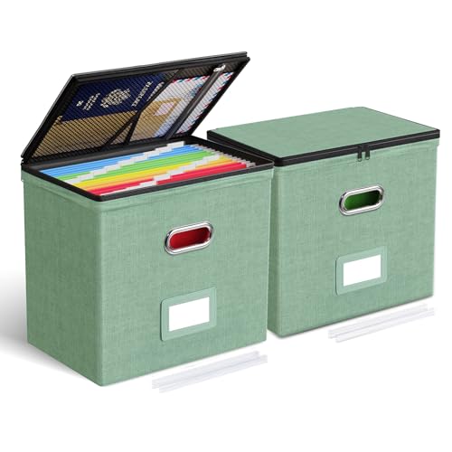 Oterri 2 Pack File Organizer Boxes with Lids, File Box with Mesh Pockets, Document Organizer Box for File Folders Letter Size, Zippers Filing Box for Home, Office, School (Green, Without Folders)