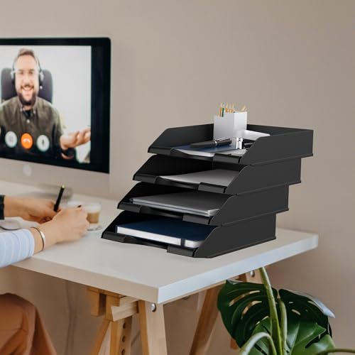 Delifox 4 Pack Black Stackable Paper Trays for Letter Documents Desktop Organizer
