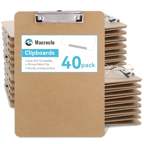 Wood Clipboards 40 Pack, Letter Size Hardboard Clip Board 8.5x11 for Classroom, Students, Kid, A4 Standard Size 9" x 12.5" with Low Profile Clip, Office & School Supply