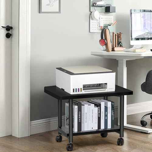 Under Desk Printer Stand - 2-Tier Industrial Mobile Printer Table with Storage Shelf, Heavy Duty Wood Rolling Printer Cart with Wheels for Home and Office,Classic Black