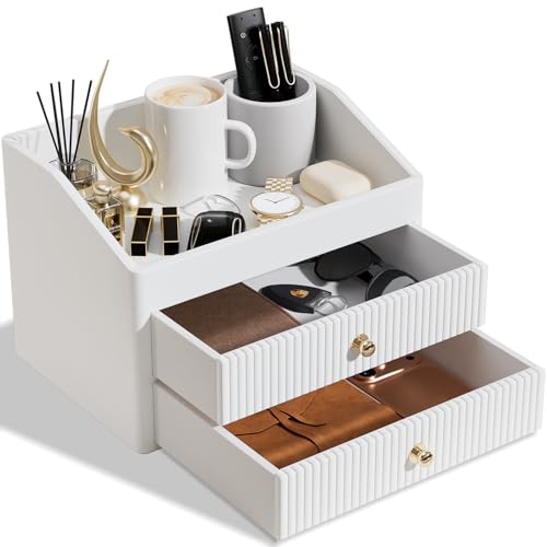 Desk Organizer,Beige White Vegan Leather Desk Accessories & Workspace Organizers with 2 Drawers & Tray,Key Holder with Gold-Tone Metal Accents knob£¬Jewelry Box,Nightstand