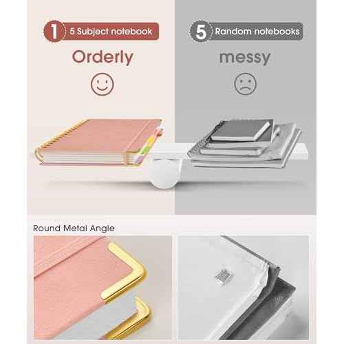 Hardcover Spiral Notebook Journal with Removable Dividers Tabs, 300 Pages Leather 5 Subject Notebook College Ruled, 8"x10" Large B5 Notebooks for Work School Note taking, Lined Journal for Women, Pink