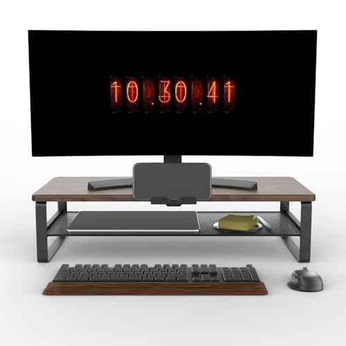 Monitor Stand for Desk, 2-Tier Monitor Stand Riser with Phone Holder and Cable Management - Desk TV Shelf, Laptop Printer, Desk Organizer Stand, for Home & Office (Wood Brown)