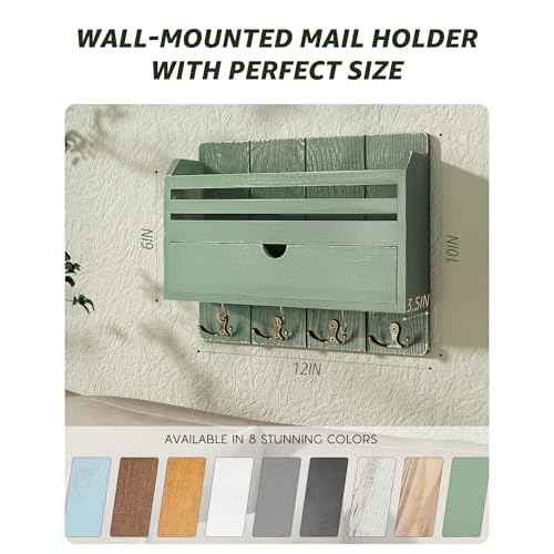 Rebee Vision Pine Wood Mail and Key Organizer for Wall ? Farmhouse Mail Organizer Wall Mounted with 7 Sturdy Hooks & Drawer Storage ? Apartment Essentials for Stylish Home Decor (Green)