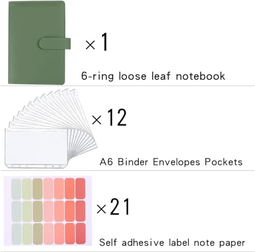 Green A6 Budget Binder with 12 Zipper Cash Envelopes and Sticky Notes - 7.4in LXWHYP