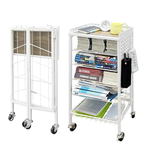 Lumizone Foldable Book Cart 6-Tier Large Capacity Bookshelf Single Sided V-Shaped Sloped Shelves With brake Wheels With PegBoard Slim Rolling Utility Cart Storage Rack, Home Shelves and Office (White)