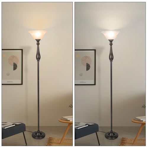 HonoDing Torchiere Floor Lamp for Living Room, Standing Lamp with Glass Shade, Iron Brushed Nickel Floor Lamps, Corner Lamps for Bedroom, Office, Reading (Dark Brown)