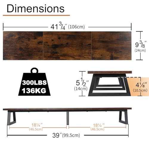 TEAMIX 42 inch Large [Dual] [Monitor] [Riser],Rustic Brown Extra Long TV [Stand Wood & Steel Desktop [Riser] with Storage for [Dual] Screen Office Desk Organization