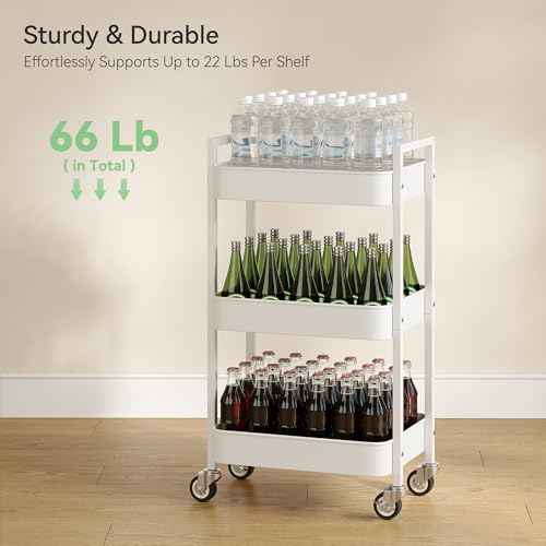 3 Tier Rolling Cart,Utility Cart with Locking Wheels, Hanging Cups,&Hooks, Heavy Duty Metal Storage Organizer Cart for Kitchen,Office, Bathroom,Craft Room,White