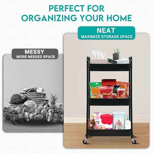 3 Tier Rolling Cart, Metal Utility Cart with 4 Hooks, Rolling Storage Cart on Wheels, Small Organizer Cart for Nursery, Kitchen, Living Room, Bathroom, Black