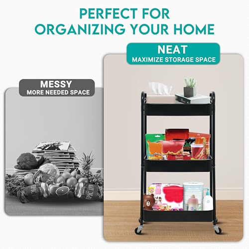 Zoes Homeware 3-Tier Metal Rolling Cart on Wheels, Black Utility Cart