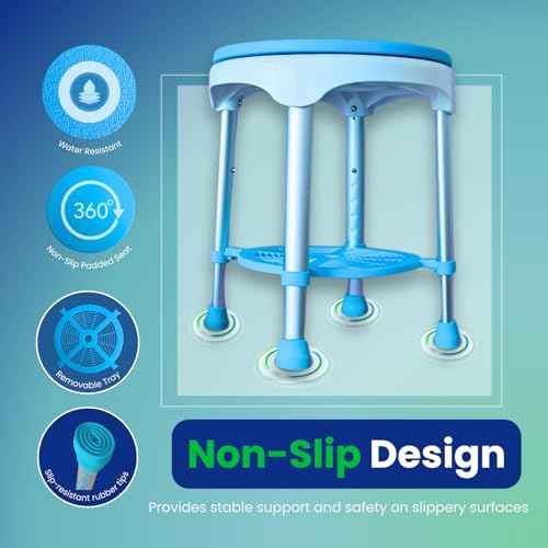 Healthline Round Bath Stool Shower Chair, Compact Shower Stool and Bench 350 Lbs - Small Bathtub Stool Chair for Shower, Non-Slip Seat, 360 Degree Rotating Padded Seat, Adjustable Height
