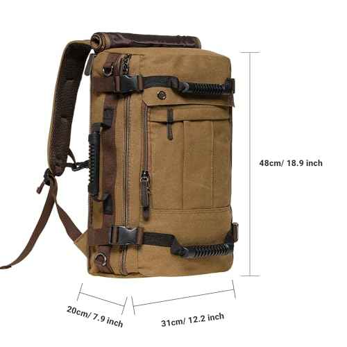 KAUKKO Canvas Travel Backpack Multi-Functional Bag Fits 17" Laptop, Large Capacity Hiking Backpack, Outdoor Casual Daypack KHAKI,23.8L