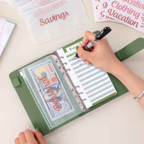 SKYDUE Budget Binder with 8pcs Zipper Envelopes,Money Organizer for Cash with 12pcs Expense Sheets & 24 Rose Gold Sticky Labels