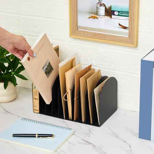 Suzile Metal Desktop File Organizer, 10 Compartments, Vertical File Sorter, Black, 10.63" L x 5.79" W x 5.41" H, Office, Reception Areas, Workspace
