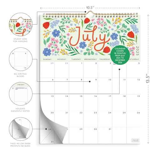 S&O Five Color Floral Wall Calendar from July 2025-Dec 2026 - Tear-Off Monthly Calendar - 18 Month Academic Wall Planner - Hanging Organizer to Track Anniversaries & Appointments - 13.5"x10.5¡±in