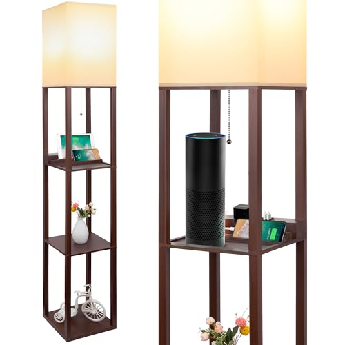 SHINE HAI 3-in-1 Shelf Lamp with 1 USB Ports & 1 Type C Port & 1 Power Outlet, 3-Tiered Shelves Lamps, Modern Standing Light for Bedroom & Living Room, Storage Floor Lights Combination, Brown